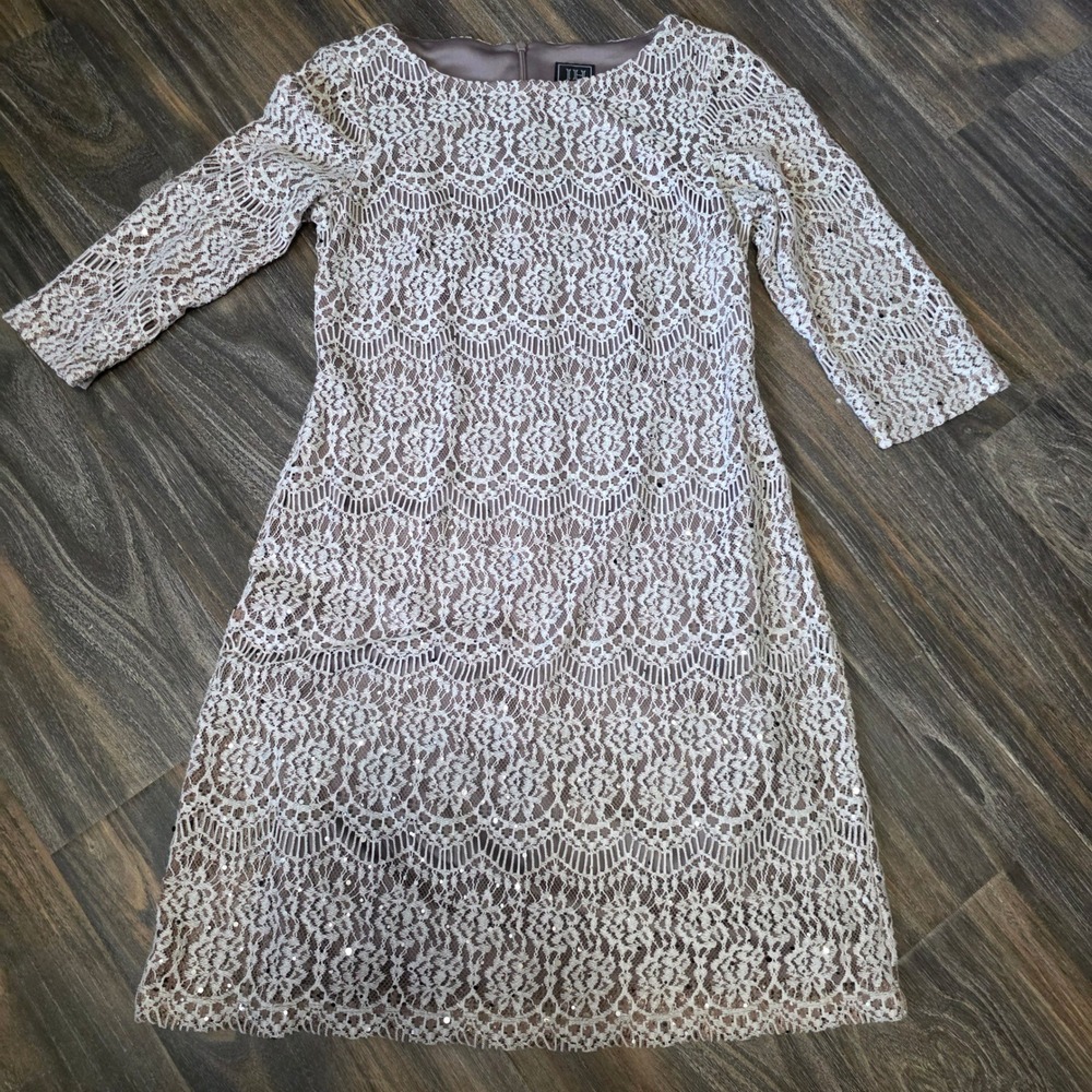 JH Evenings Women‎ Taupe Lace Sequin Sheath Dress 3/4 Sleeve JC9M0596 Size 4